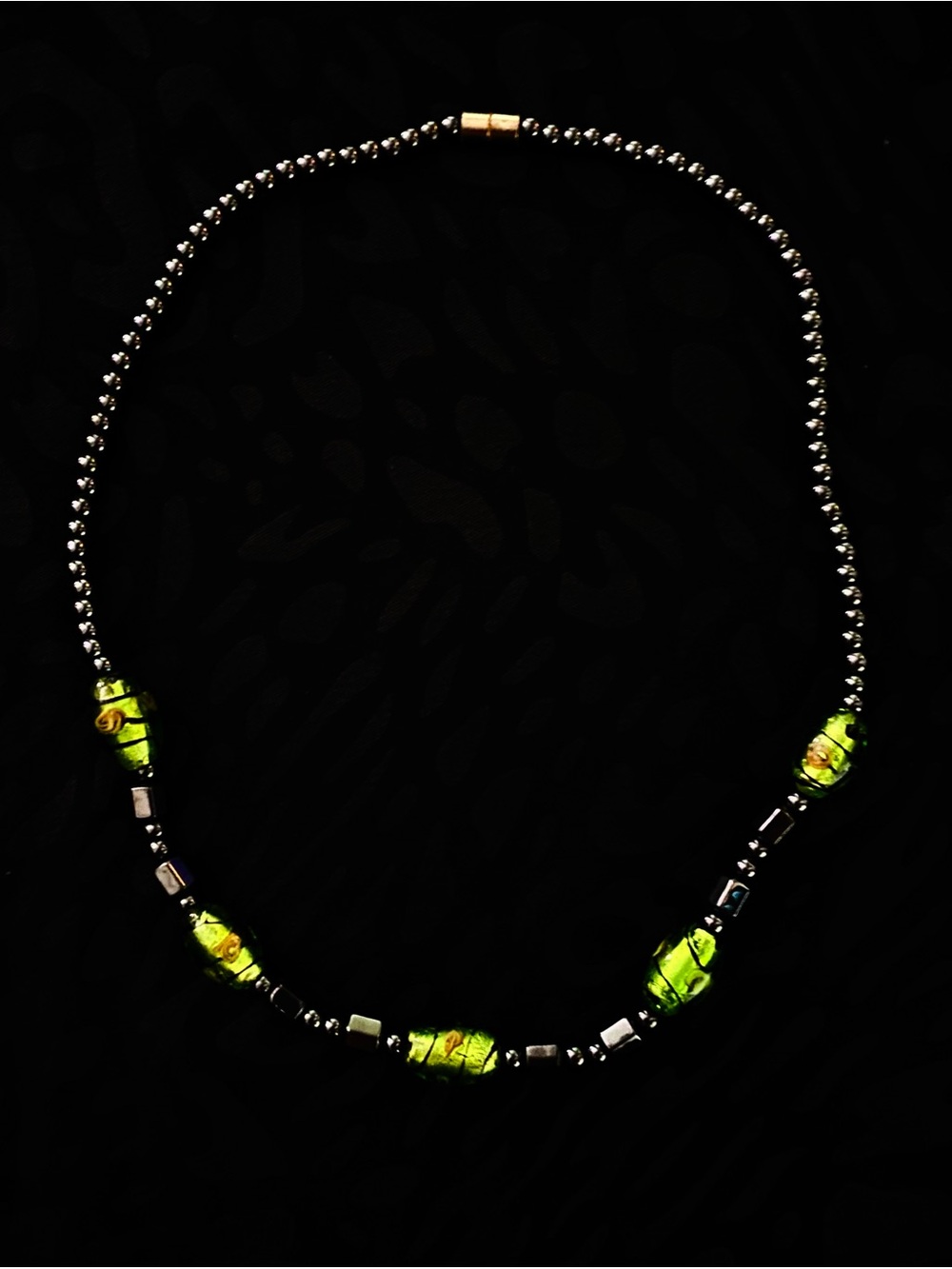 Green Foil Art Glass + Hematite Station Bead Necklace